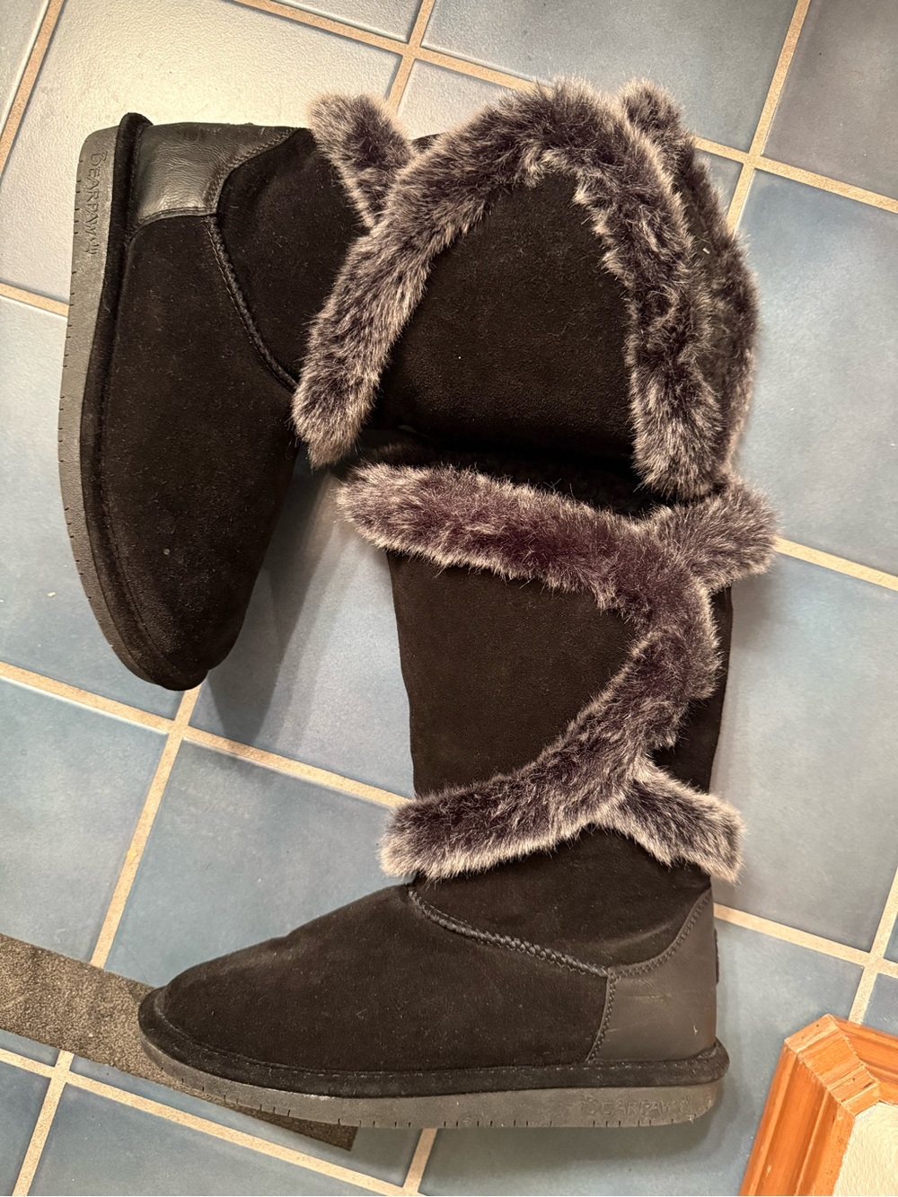BearPaw Black Faux Fur Trim Suede-Look Heeled Boots